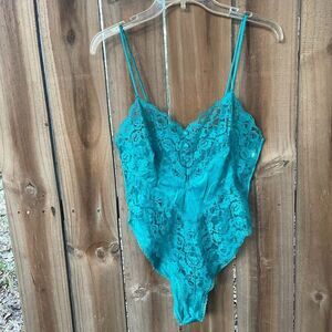 Vintage 80s VASSARETTE TEDDY Lingerie Shimmer Peacock Blue High Cut Legs S